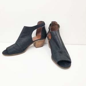 Lucky Brand Sandals 9.5 Barimo Block Heel Peep Toe Cutout Black Leather